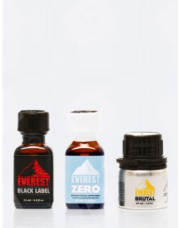 Trio everest strong, composto por um poppers everest zero, um poppers everest black label e um poppers everest brutal
