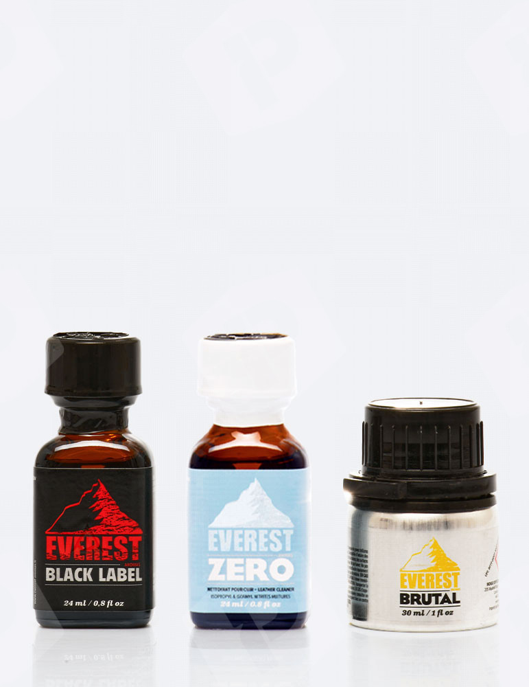 Trio everest strong, composto por um poppers everest zero, um poppers everest black label e um poppers everest brutal