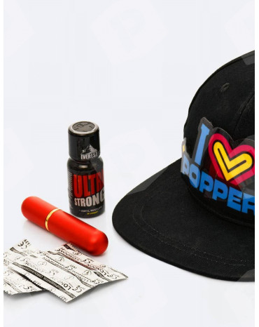 MINI Kit Festival Poppers + boné LED + inalador + preservativos