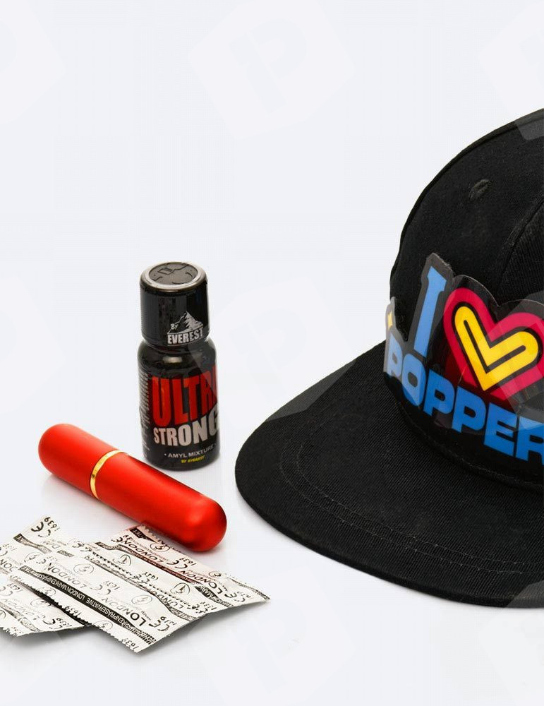 MINI Kit Festival Poppers + boné LED + inalador + preservativos